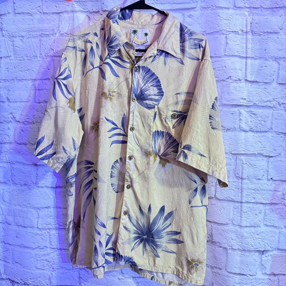 BANANA CABANA 100% SILK SZ L YELLOW and BLUE HAWAIIAN TYPE SHIRT